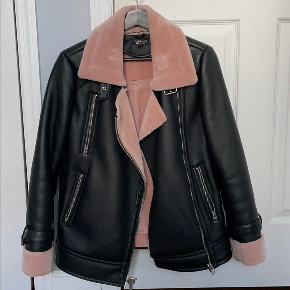 Topshop Fleece & Faux Leather Moto Jacket